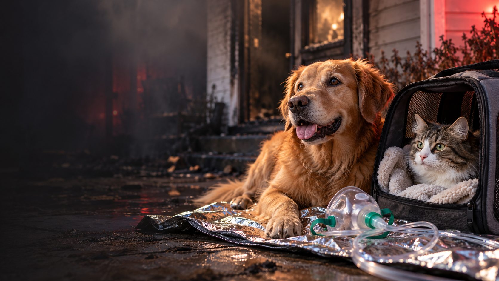 Geretteter Hund und Katze an der Brandstelle