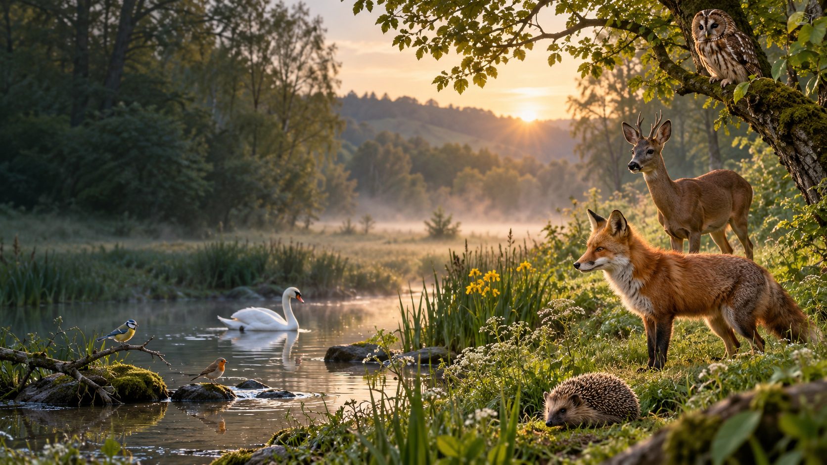 Wildtiere im Morgengrauen am Bach
