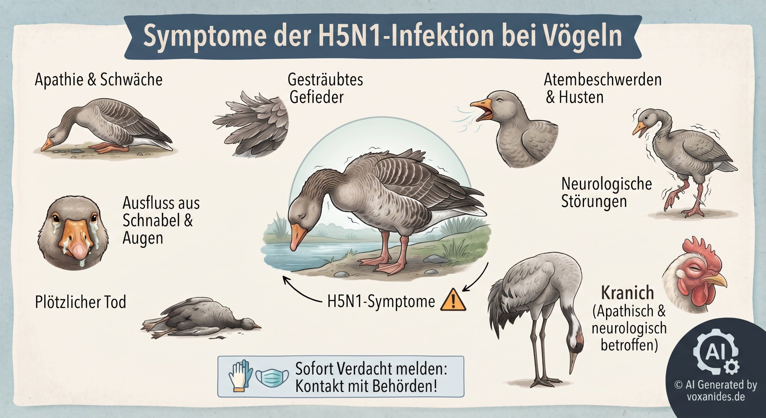 Infografik: Symptome von H5N1 bei Vögeln. Apathie und Schwäche, gesträubtes Gefieder, Atembeschwerden und Husten, Ausfluss aus Schnabel und Augen, neurologische Störungen, plötzlicher Tod. Kraniche wirken apathisch und neurologisch betroffen. Verdacht sofort melden.