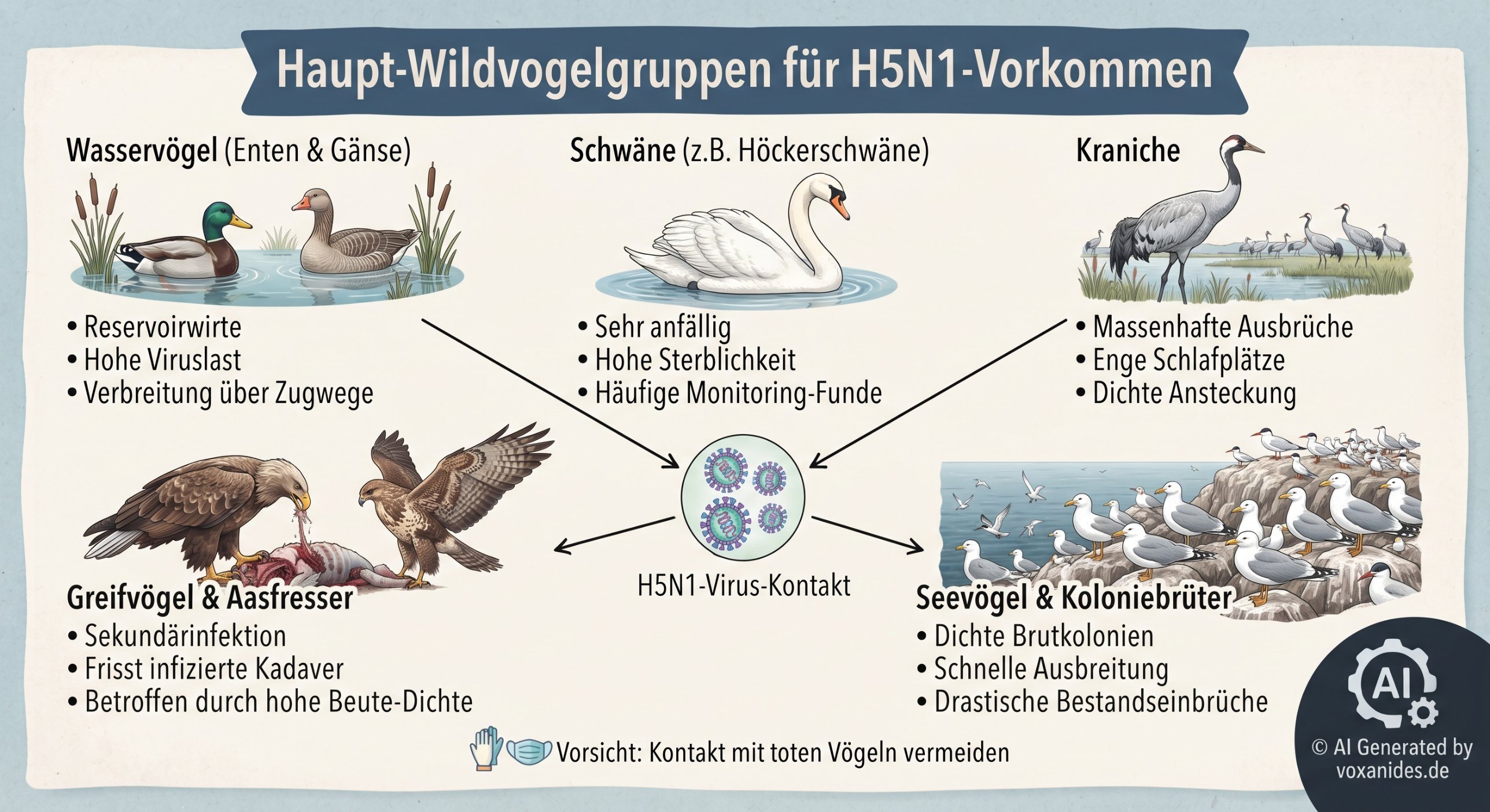 Infografik: Die wichtigsten Wildvogelgruppen bei H5N1. Enten und Gänse als Reservoirwirte mit Verbreitung über Zugwege. Schwäne sehr anfällig mit hoher Sterblichkeit. Kraniche mit massenhaften Ausbrüchen durch enge Schlafplätze. Greifvögel und Aasfresser infizieren sich über Kadaver. Seevögel und Koloniebrüter mit schneller Ausbreitung in dichten Brutkolonien.