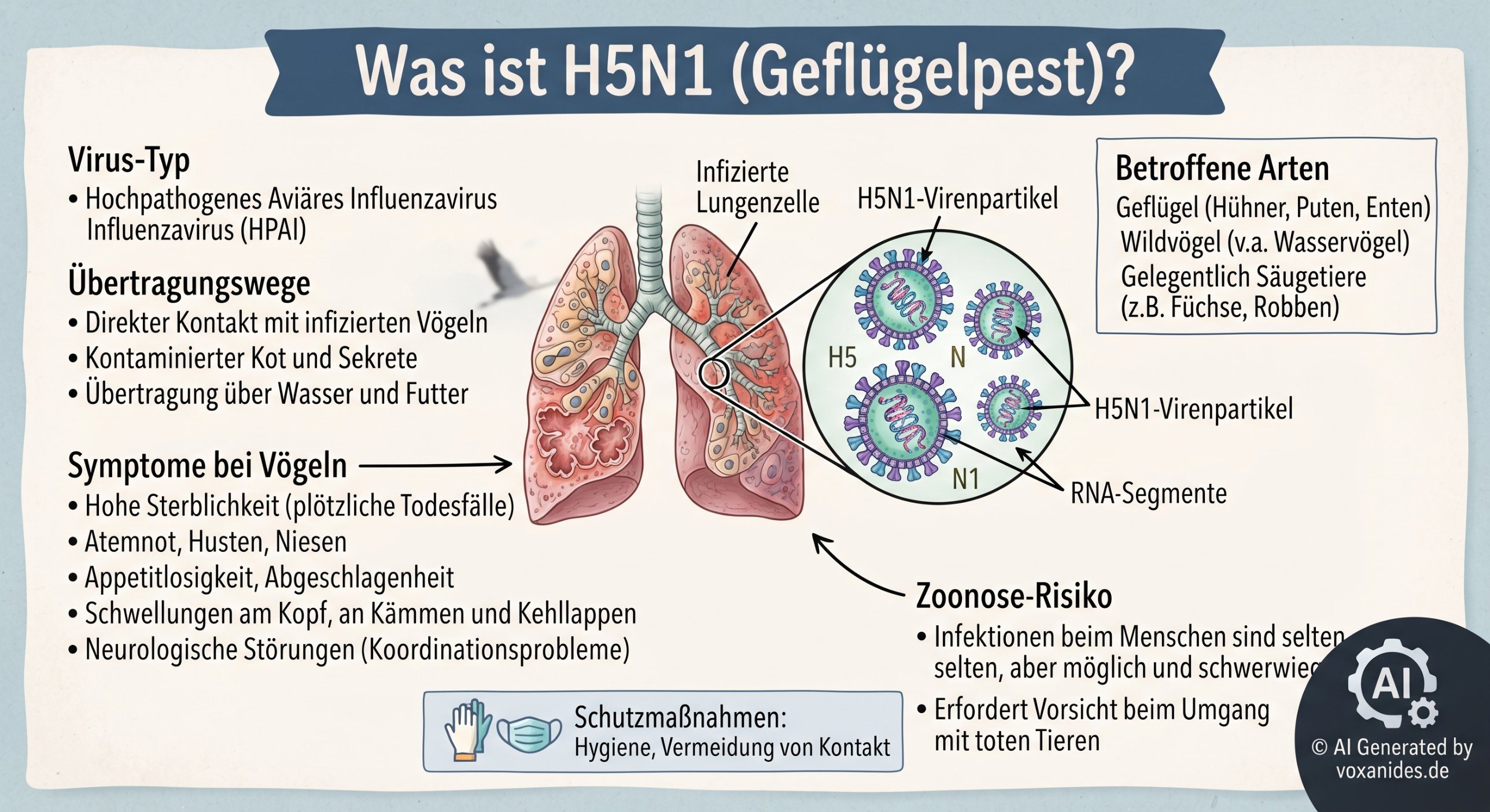 Infografik: Was ist H5N1? Hochpathogenes Vogelgrippe-Virus. Übertragung über direkten Kontakt, Kot, Sekrete, Wasser und Futter. Symptome bei Vögeln: plötzliche Todesfälle, Atemnot, Abgeschlagenheit, Schwellungen am Kopf, Koordinationsstörungen. Betroffen sind Geflügel, Wildvögel und gelegentlich Säugetiere wie Füchse. Infektionen beim Menschen sind selten.